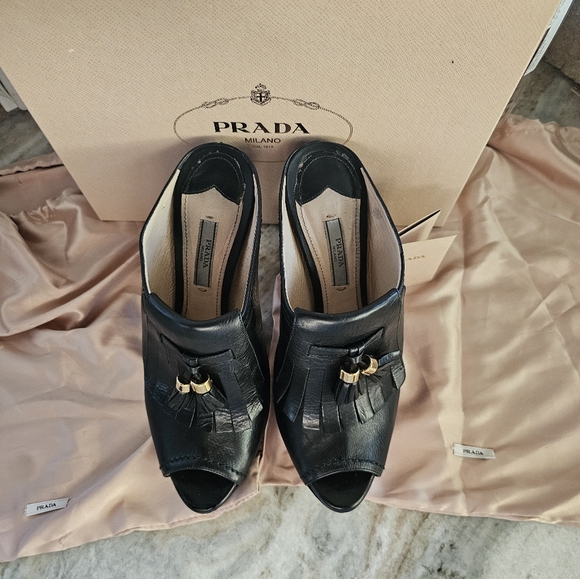 PRADA Black Peep Toe Platform Mules  Tassel Size 40 GORGEOUS 😍 Calzature Donna - Picture 8 of 14